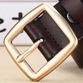 Minimalist dark brown leather belt for women with elegant square gold pin buckle - Brown