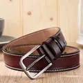 Classic dark brown leather belt with brushed metal buckle and white contrast stitching - 105cm / Coffee