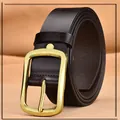 Classic dark brown leather belt for men featuring a vintage brass-toned metal buckle - 105cm / Coffee