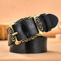 Ceinture vintage en cuir noir pour femme avec motif floral et boucle en bronze - 105 / Boucle Dorée - Noir