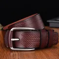 Cintura da uomo in pelle bordeaux con goffratura a spina di pesce e fibbia opaca - 115cm / caffè