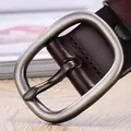 Deep brown leather belt for women featuring a vintage brushed alloy round needle buckle - Brown