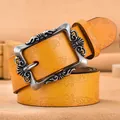 Vintage yellow embossed leather belt for women with baroque floral metal needle buckle - Camel With Silver Buckle