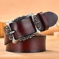 Vintage dark brown embossed leather belt for women with antique floral metal buckle - Silver Buckle-Coffee