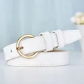 Classic white leather belt for women featuring a minimalist gold round metal buckle - White Strap with Gold Buckle