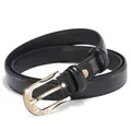 Women's slim black leather belt with sparkling gold rhinestone heart buckle - Gold Buckle - Black