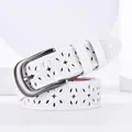Elegant white leather belt for women with laser-cut floral patterns and vintage metal buckle - 105cm / White