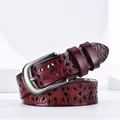 Women's vintage hollow floral dark red leather belt with brushed metal buckle - 105cm / Coffee