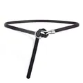 Slim black leather waist belt for women with a matte silver U-shaped metal buckle - Black