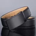 Men's business black automatic buckle leather belt with twill texture and tan inner lining - 120cm / Style B Black Buckle - Twill Pattern Black