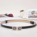 Elegant black patent leather belt for women with silver rhinestone buckle detail - Double Square Gem Buckle / Black
