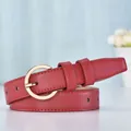 Classic deep red leather belt for women with elegant golden round buckle detail - Red Strap with Gold Buckle