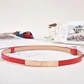 Slim red patent leather belt with a golden rectangular metal buckle for women - Gold Square Buckle / Red