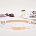 Elegant thin white leather belt for women with a rectangular gold metal buckle detail - Gold Square Buckle / White