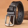 Men's retro leather belt with silver pin buckle in dark brown finish and matte texture - 105cm / Coffee