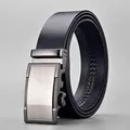 Business style black leather belt for men featuring a brushed metal automatic buckle - 110 / Brushed Nickel Buckle - Black