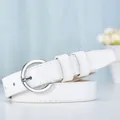 Classic thin white leather belt for women featuring a polished silver round buckle - White Strap with Silver Buckle