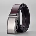 Men's automatic buckle leather belt in dark coffee brown with brushed metal finish - 110 / Brushed Nickel Buckle - Brown