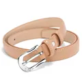 Light brown leather belt for women with silver heart engraved buckle on white background - Silver Buckle/Beige