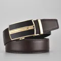 Men's business belt in dark brown leather with a gold and black automatic buckle - 115cm / Gold Buckle Coffee Strap