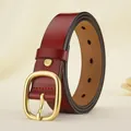 Minimalist wine red leather belt for women featuring a matte gold oval buckle and fine stitching - S / Red