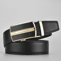 Men's business leather belt with golden automatic buckle and black brushed panel - 115cm / Gold Buckle Black Strap