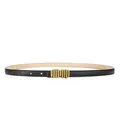Elegant slim black leather belt for women with a vintage golden ridged metal buckle - 105cm / Black