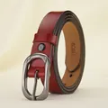 Dark red leather belt for women with grey metal pin buckle and 110cm size mark - Red / 105cm