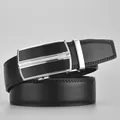 Men's business leather belt with black brushed metal automatic buckle and silver frame - 115cm / Silver Buckle Black Strap