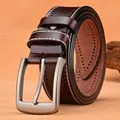Ceinture en cuir marron foncé avec surpiqûres et boucle à ardillon argent mat - 115cm / Café