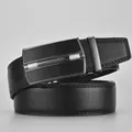Men's black leather belt with brushed alloy automatic buckle and silver grid detail - 115cm / Gun Black Buckle Black Strap