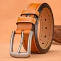 Ceinture homme en cuir marron orangé avec coutures blanches et boucle ardillon argent - 115cm / Chameau