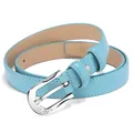 Sky blue genuine leather skinny belt with sparkling heart-shaped rhinestone metal buckle - Silver Buckle/Blue