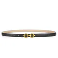 Minimalist black leather skinny belt for women with interlocking gold metal buckle - 105cm / Black