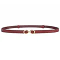 Slim deep red leather belt for women with a polished gold oval buckle and fine stitching - Red