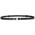 Elegant skinny black leather belt featuring a sleek interlocking gold oval metal buckle - Black