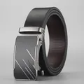 Men's black leather automatic belt with matte black buckle and silver diagonal stripe - Style B / 110cm