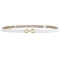White genuine leather thin waist belt for women with interlocking gold buckle detail - White