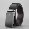 Classic black leather business belt with gunmetal automatic buckle and geometric texture - Style C / 110cm