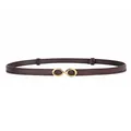 Slim dark brown leather belt for women with gold double oval buckle and orange stitching - Coffee