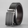 Men's business leather belt with black automatic buckle and silver frame finish - Style D / 110cm