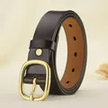 Women's minimalist dark brown leather belt featuring an oval matte gold metal buckle - S / Coffee