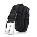 Elastic woven black belt with silver metal pin buckle and premium leather finish details - 105cm / Black
