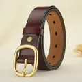 Ceinture en cuir véritable marron rouge foncé pour femme avec boucle dorée ovale chic - Rouge Foncé