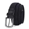 Elastic braided belt for men with silver metal buckle and black leather details - Gun Black Buckle Navy Strap