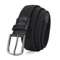 Elastic black braided belt with a silver polished metal buckle on a clean white background - 105cm / Gunmetal Buckle Black Belt