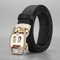 Men's black litchi grain leather belt with gold metal B-letter automatic buckle - 115cm / Letter B Gold Buckle - 147 Pattern