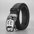 Men's black leather belt featuring a silver alloy automatic buckle with B-letter logo - 115cm / Letter B Gunmetal Buckle - 147 Pattern