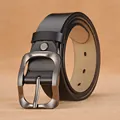 Classic men's black leather belt with matte gunmetal pin buckle shown in curled form - 105 / Black