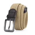 Men's khaki stretch woven belt with dark brown leather tips and metal buckle - 105cm / Beige